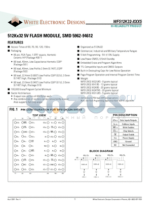 WF512K32F-120H1I5 datasheet - 512Kx32 5V FLASH MODULE, SMD 5962-94612