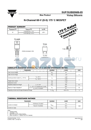 SUB85N06-05 datasheet - N-Channel 60-V (D-S) 175C MOSFET