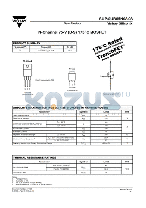 SUB85N08-08 datasheet - N-Channel 75-V (D-S) 175 Degree Celcious MOSFET
