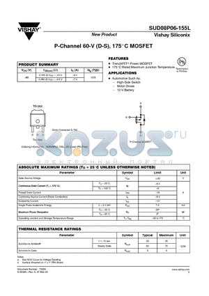 SUD08P06-155L datasheet - P-Channel 60-V (D-S), 175C MOSFET