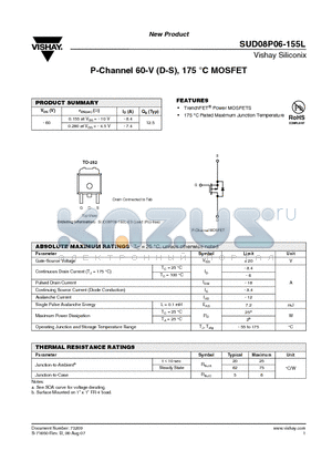 SUD08P06-155L datasheet - P-Channel 60-V (D-S), 175 `C MOSFET