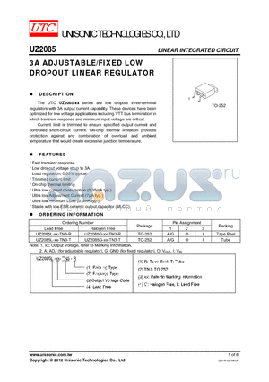 UZ2085L-XX-TN3-R datasheet - 3A ADJUSTABLE/FIXED LOW DROPOUT LINEAR REGULATOR