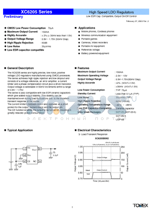 XC6205B15AML datasheet - Low ESR Cap. Compatible Output On/Off Control