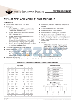 WF512K32N-120H1I5A datasheet - 512Kx32 5V FLASH MODULE, SMD 5962-94612