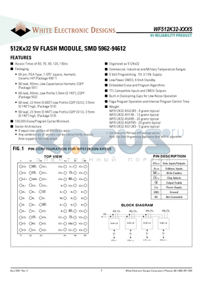 WF512K32N-70H1I5 datasheet - 512Kx32 5V FLASH MODULE, SMD 5962-94612