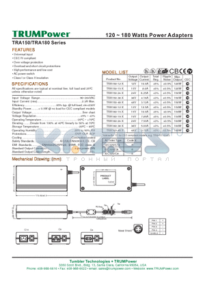 TRA180-12-4 datasheet - 120 ~ 180 Watts Power Adapters