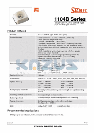VYPY1104B datasheet - Single Color PLCC-2 Bathtub Type (High Reliability type, V-Series)