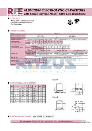 VZH101MIVTR080100 datasheet - ALUMINUM ELECTROLYTIC CAPACITORS VZH Series: Surface Mount, Ultra Low Impedance