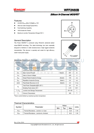 WFF2N60B datasheet - Silicon N-Channel MOSFET