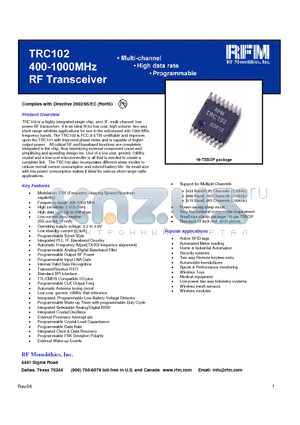 TRC102 datasheet - 400-1000MHz RF Transceiver