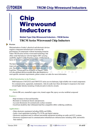 TRCM322522-100J datasheet - TRCM Chip Wirewound Inductors