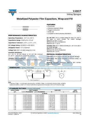 V-430P154X9050 datasheet - Metallized Polyester Film Capacitors, Wrap-and-Fill