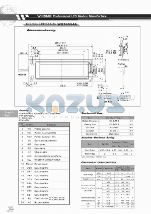 WG24064A datasheet - WINSTAR PROFESSIONAL LCD MODULE GRAPHIC 240X64 DOTS