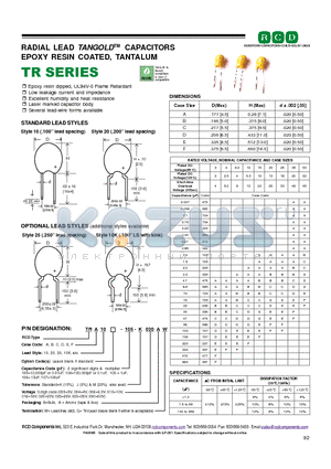 TRD20-104 datasheet - RADIAL LEAD TANGOLDTM CAPACITORS EPOXY RESIN COATED, TANTALUM