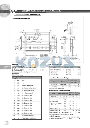 WH1601A datasheet - LCD MODULE MANUFACTURE 16 X 1 CHARACTER