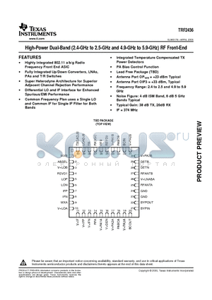 TRF2436 datasheet - High-Power Dual-Band (2.4-GHz to 2.5-GHz and 4.9-GHz to 5.9-GHz) RF Front-End