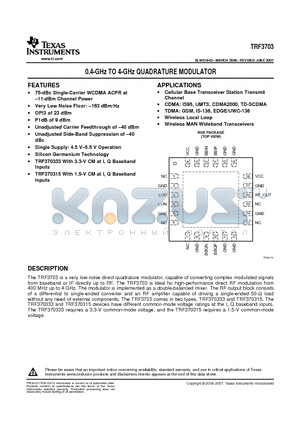 TRF370315IRGER datasheet - 0.4-GHz TO 4-GHz QUADRATURE MODULATOR