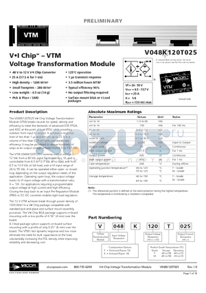 V048F120M025 datasheet - V, I ChipTM-VTM Voltage Transformation Module