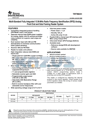 TRF7961 datasheet - Multi-Standard Fully Integrated 13.56-MHz Radio Frequency Identification (RFID) Analog Front End and Data Framing Reader System
