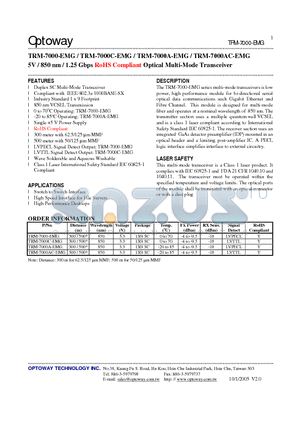 TRM-7000C-EMG datasheet - 5V / 850 nm / 1.25 Gbps RoHS Compliant Optical Multi-Mode Transceiver