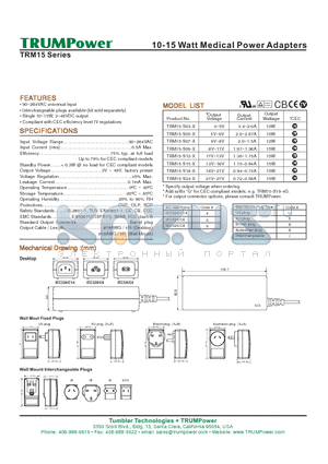 TRM15-S18-UG datasheet - 10-15 Watt Medical Power Adapters