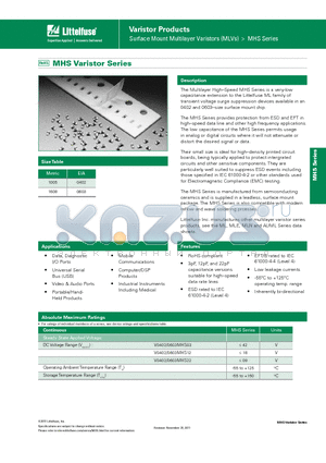 V0603MHS03N datasheet - Surface Mount Multilayer Varistors (MLVs)