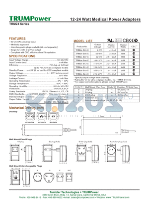 TRM24-S03-B datasheet - 12-24 Watt Medical Power Adapters
