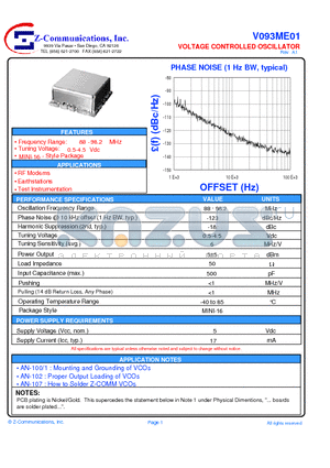 V093ME01 datasheet - LOW COST - HIGH PERFORMANCE VOLTAGE CONTROLLED OSCILLATOR