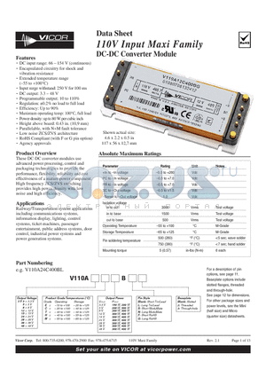V110A12C300BL datasheet - 110V Input Maxi Family DC-DC Converter Module Features