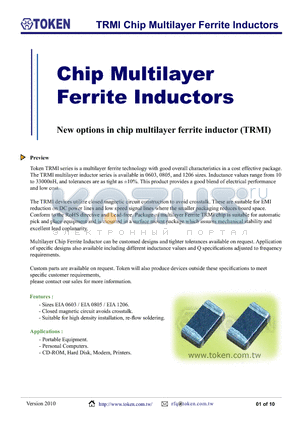 TRMI201209-1R2 datasheet - TRMI Chip Multilayer Ferrite Inductors