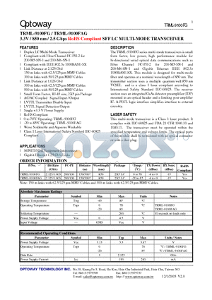 TRML-9100FAG datasheet - 3.3V / 850 nm / 2.5 Gbps RoHS Compliant SFF LC MULTI-MODE TRANSCEIVER