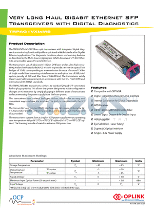 TRPAG1VXI datasheet - Very Long Haul Gigabit Ethernet SFP Transceivers with Digital Diagnostics