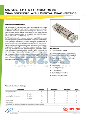 TRPA03MM datasheet - OC-3/STM-1 SFP Multimode Transceivers with Digital Diagnostics