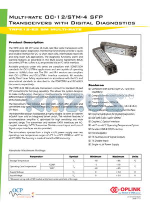 TRPE12GL1C000E2 datasheet - Multi-rate OC-12/STM-4 SFP Transceivers with Digital Diagnostics