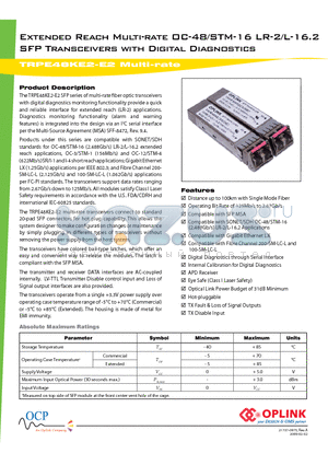 TRPE48KE2E000E2 datasheet - Extended Reach Multi-rate OC-48/STM-16 LR-2/L-16.2 SFP Transceivers with Digital Diagnostics