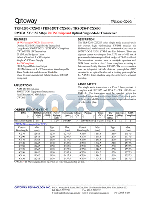 TRS-3280-CXX0G datasheet - CWDM 5V / 155 Mbps RoHS Compliant Optical Single-Mode Transceiver