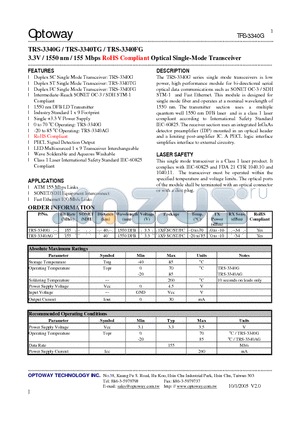 TRS-3340G datasheet - 3.3V / 1550 nm / 155 Mbps RoHS Compliant Optical Single-Mode Transceiver