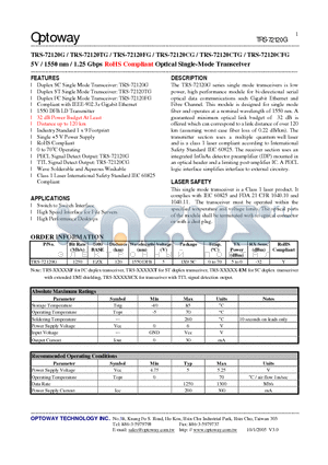 TRS-72120CTG datasheet - 5V / 1550 nm / 1.25 Gbps RoHS Compliant Optical Single-Mode Transceiver
