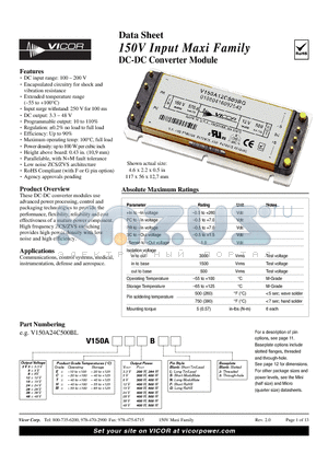 V150A12T400BL datasheet - 150V Input Maxi Family DC-DC Converter Module