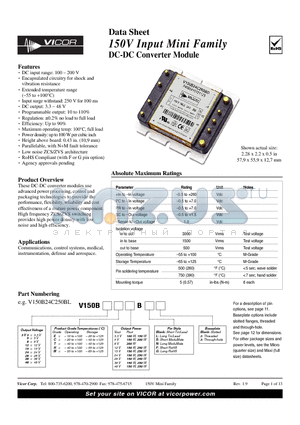 V150B12T150BL datasheet - 150V Input Mini Family DC-DC Converter Module