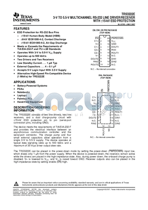 TRS3222ECDBR datasheet - 3-V TO 5.5-V MULTICHANNEL RS-232 LINE DRIVER/RECEIVER WITH a15-kV ESD PROTECTION