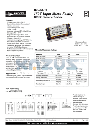 V150C12M150BL2 datasheet - 150V Input Micro Family DC-DC Converter Module
