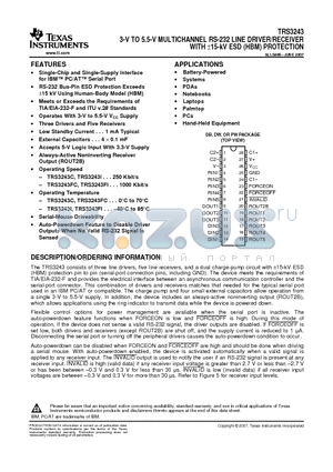 TRS3243CDBRG4 datasheet - 3-V TO 5.5-V MULTICHANNEL RS-232 LINE DRIVER/RECEIVER WITH a15-kV ESD (HBM) PROTECTION