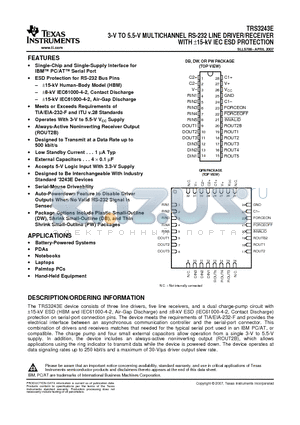 TRS3243EIPW datasheet - 3-V TO 5.5-V MULTICHANNEL RS-232 LINE DRIVER/RECEIVER WITH a15-kV IEC ESD PROTECTION