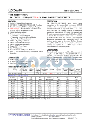 TRSL-33120W-CXX0G datasheet - 3.3V / CWDM / 155 Mbps SFF 2X10 LC SINGLE-MODE TRANSCEIVER