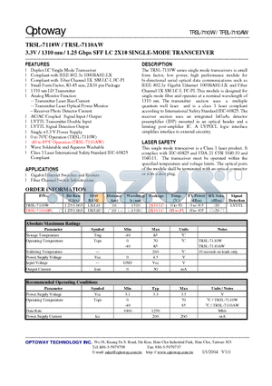 TRSL-7110W datasheet - 3.3V / 1310 nm / 1.25 Gbps SFF LC 2X10 SINGLE-MODE TRANSCEIVER