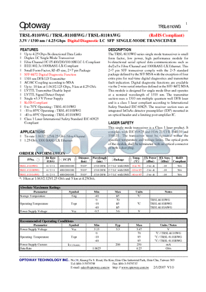 TRSL-8110BWG datasheet - 3.3V / 1310 nm / 4.25 Gbps Digital Diagnostic LC SFP SINGLE-MODE TRANSCEIVER