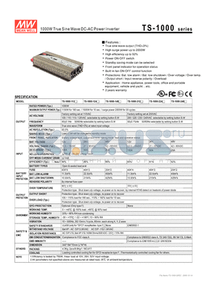TS-1000-124F datasheet - 1000W True Sine Wave DC-AC Power Inverter