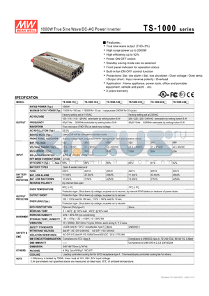 TS-1000-124E datasheet - 1000W True Sine Wave DC-AC Power Inverter