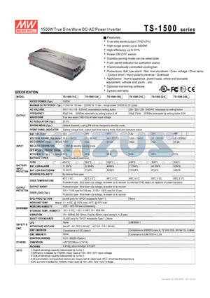 TS-1500-124 datasheet - 1500W True Sine Wave DC-AC Power Inverter